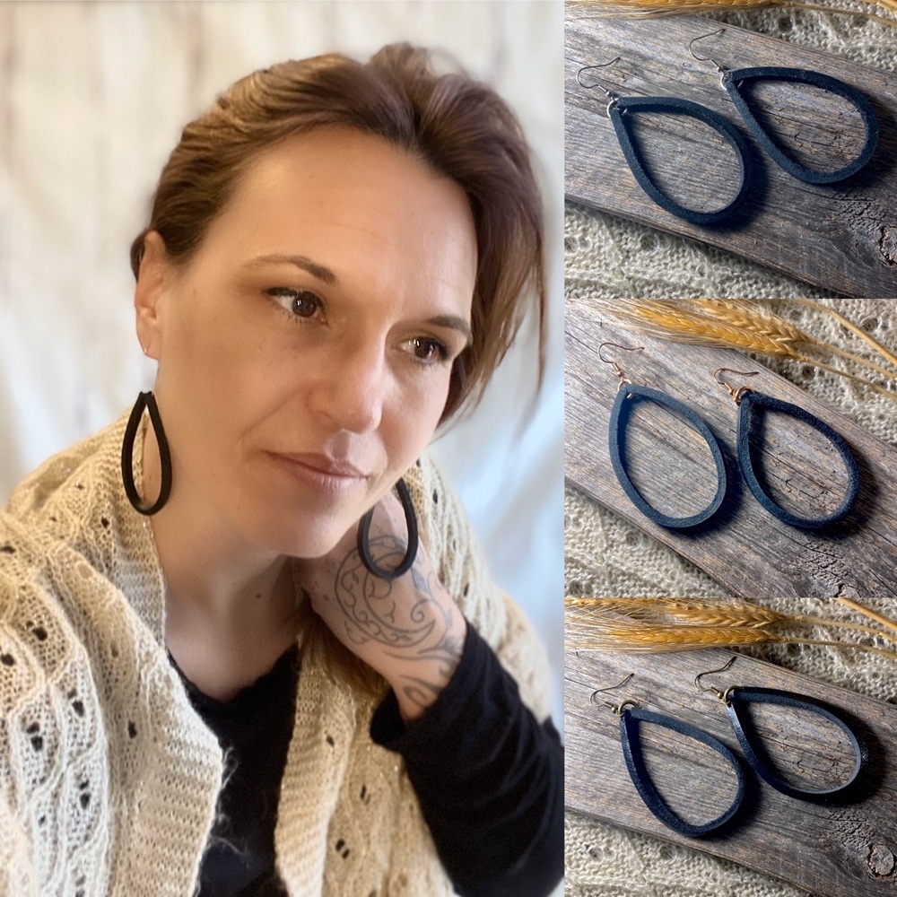 NW Black Leather Hoop Bangle Earrings Choice metal